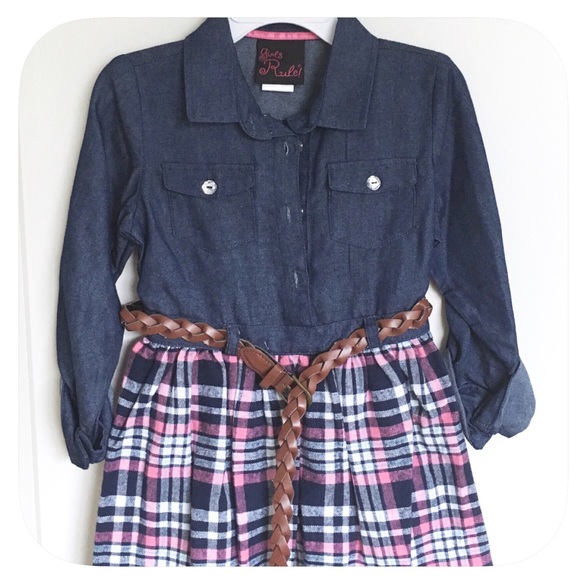 🌀SALE! 💗Girls Belted Button Up Plaid Dress - Picture 2 of 4